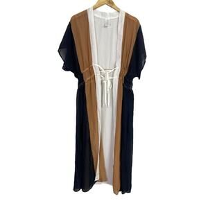 NWT Boho Sheer Maxi Dress Kimono Style Swim Coverup Tie Front L Black Tan #3897